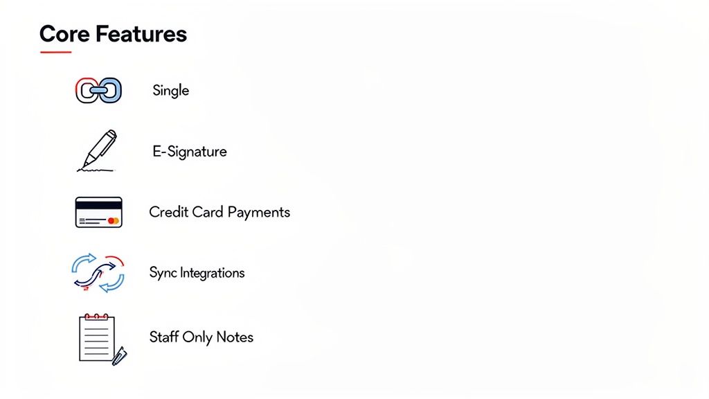 A slide titled 'Core Features' listing single,e-signature,credit card payments,sync integrations,and staff-only notes.