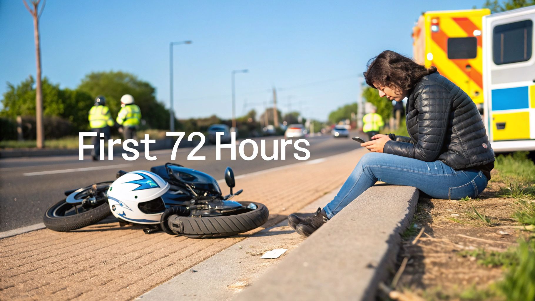A woman sits on a curb, looking at her phone, next to a motorcycle accident scene with emergency services.