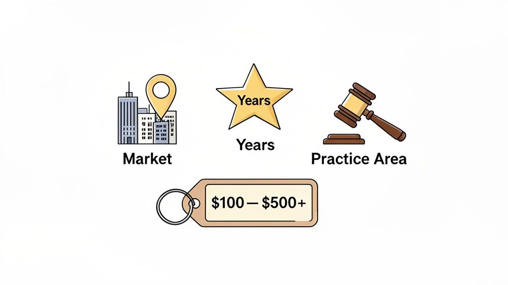 Visualizing factors influencing legal consultation fees: market, years of experience, practice area, and a price range.