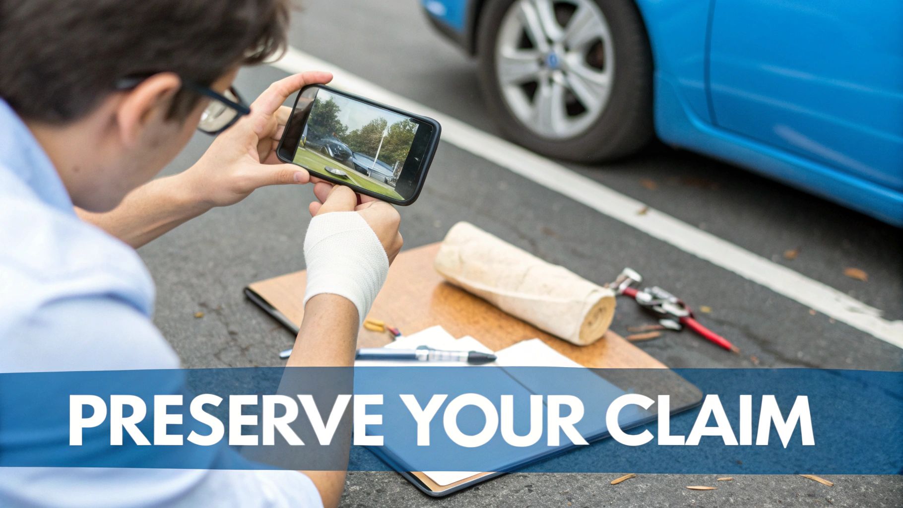 A person diligently taking notes in a journal with a pen, emphasizing the importance of documentation after an accident.