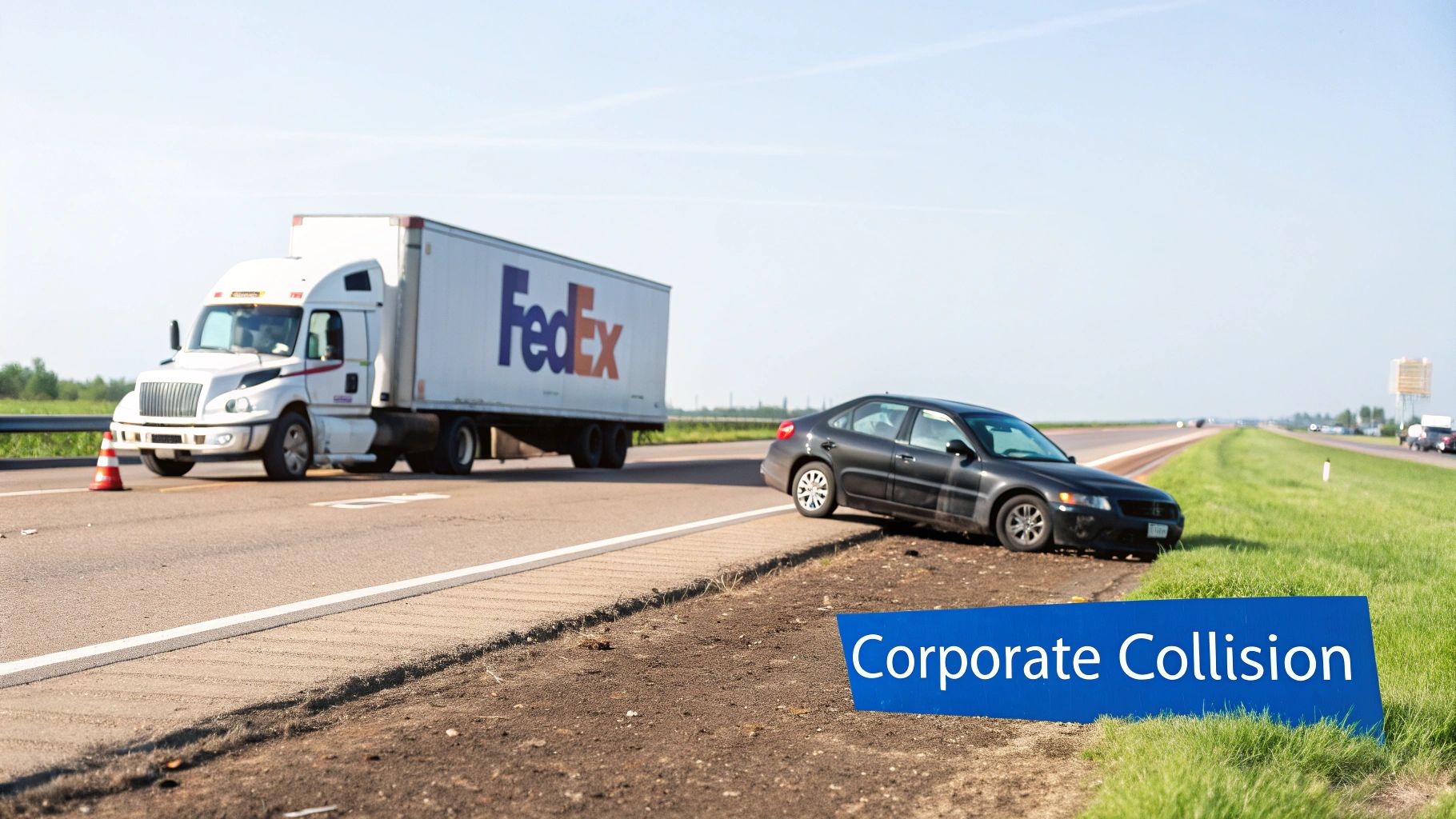 A FedEx semi-truck and a dark car are involved in a roadside collision on a sunny day.