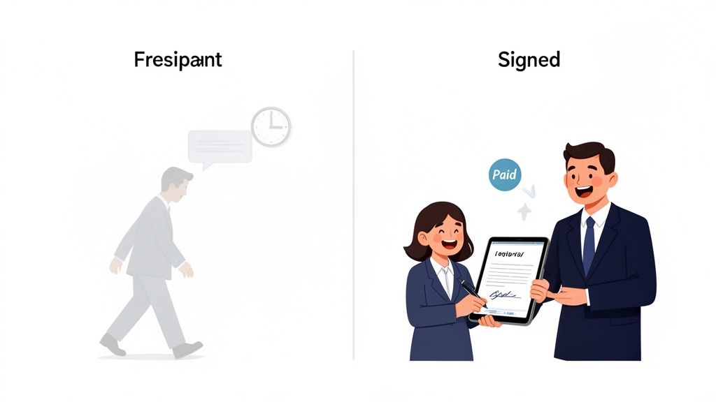 Illustration depicting a pending, uncertain state evolving into a clear, signed, and paid contract.