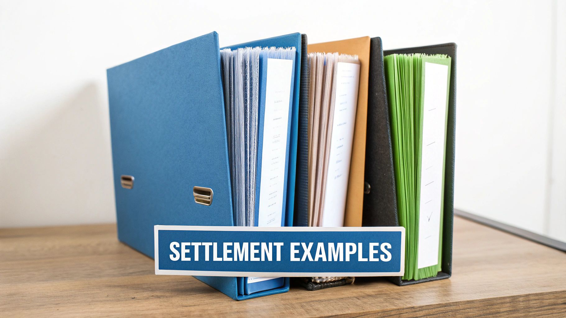 Multiple colorful binders filled with documents on a wooden desk, with a 'SETTLEMENT EXAMPLES' banner.