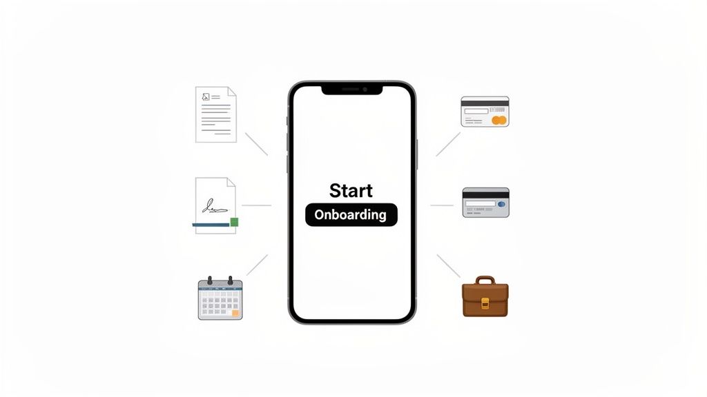 A smartphone displaying 'Start Onboarding' connected to documents, credit cards, calendar, and a briefcase.