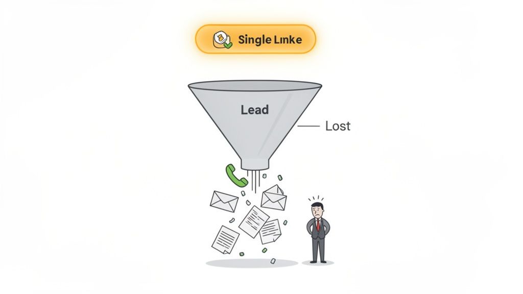 A lead funnel losing calls,emails,and documents,with a worried businessman and 'Single Linke' text above.