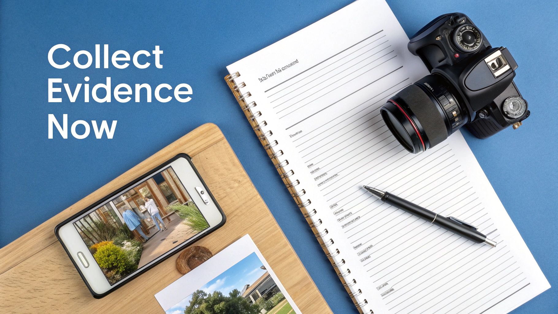 Flat lay of items for evidence collection: a smartphone, camera, notebook, and pen on a blue background.