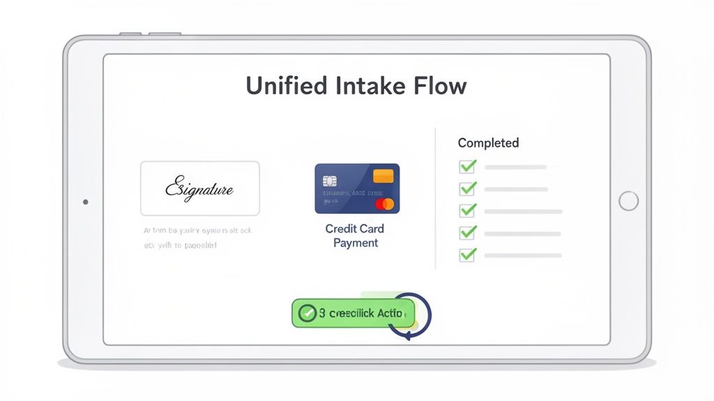 A tablet screen displaying a unified intake flow with e-signature, credit card payment, and completed steps.