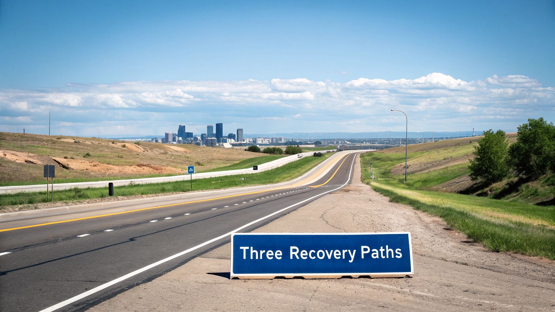 A highway leads towards a city skyline with a sign reading 'Three Recovery Paths' in the foreground.