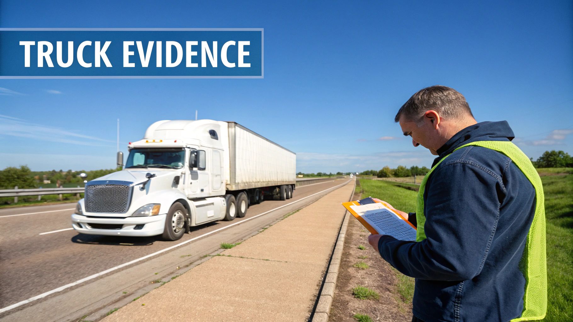 A man in a safety vest inspects documents on a clipboard by a highway, with a white semi-truck passing.