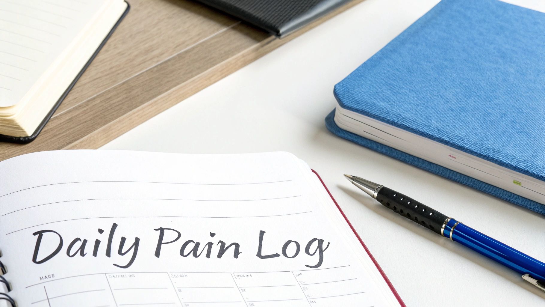 An open notebook displays 'Daily Pain Log' with a blue pen on a white desk, alongside other notebooks.