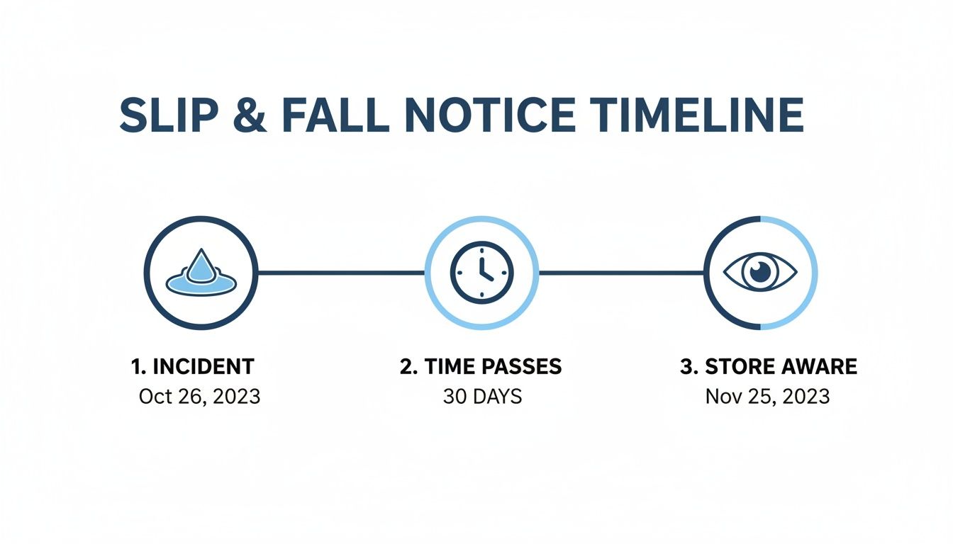 Timeline illustrating a slip and fall notice process from incident to store awareness over 30 days.