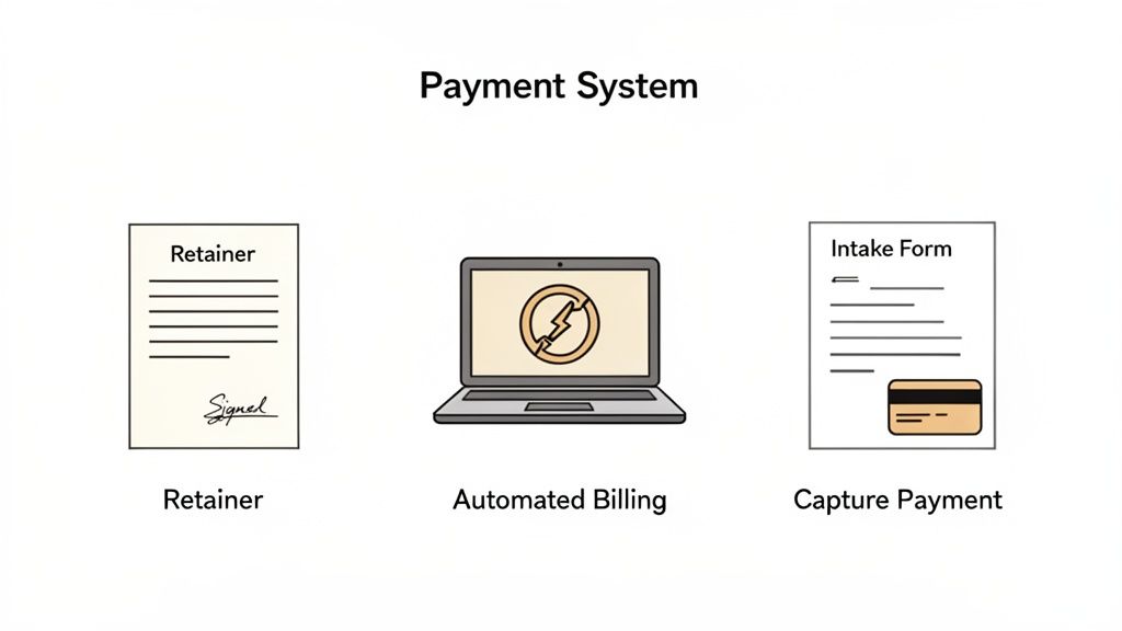 Diagram illustrating a payment system with a retainer document, automated billing laptop, and an intake form to capture payment.