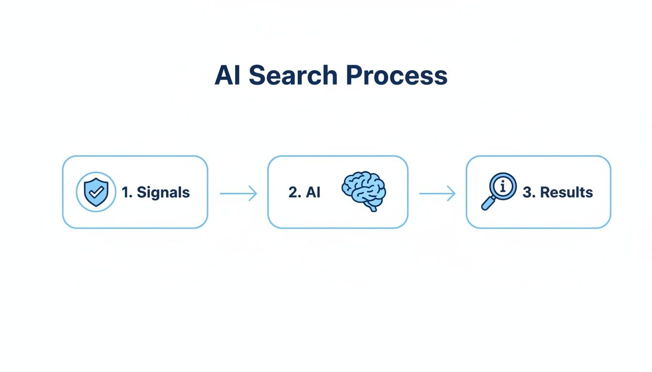 A blue and white flowchart illustrating the three-step AI Search Process: Signals, AI, and Results.