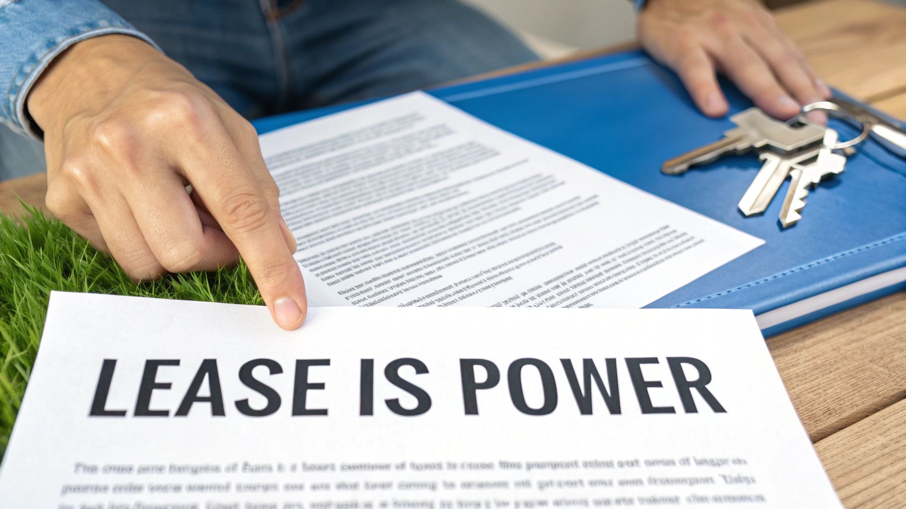 A person's hand points to a document titled 'LEASE IS POWER' next to keys and a blue folder.