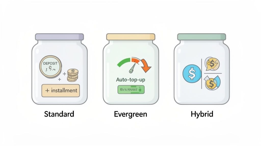 Three illustrated jars representing standard, evergreen, and hybrid financial payment plans with various icons.