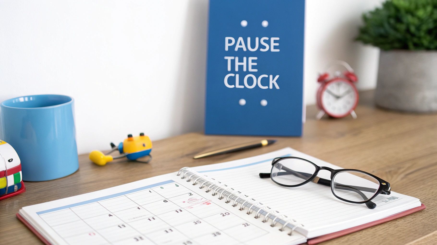 A desk with an open calendar, glasses, a pen, a blue mug, and a 'PAUSE THE CLOCK' sign.