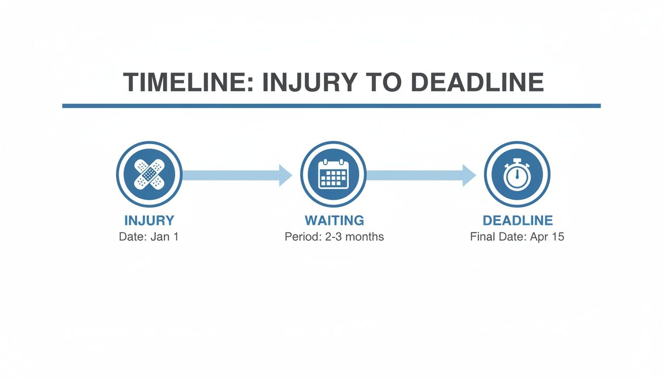 Infographic timeline illustrating injury date, waiting period, and final deadline for a process or claim.