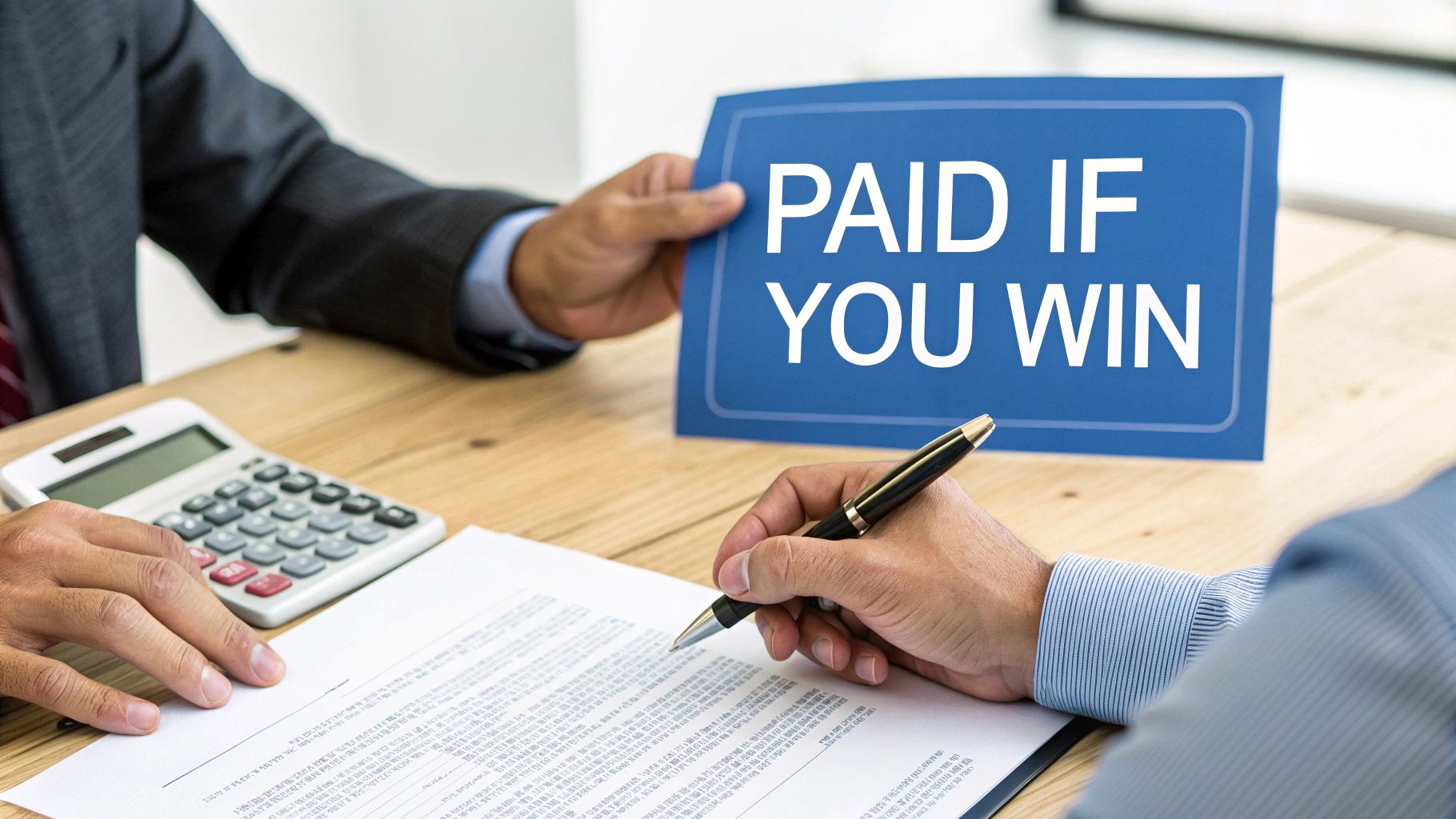 A lawyer explains 'Paid If You Win' terms while a client signs a legal document.
