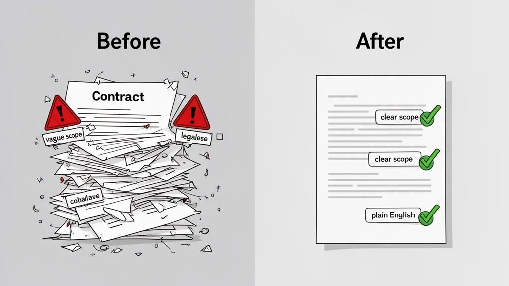 Before and after illustration showing a complex contract transformed into a clear, plain English document.