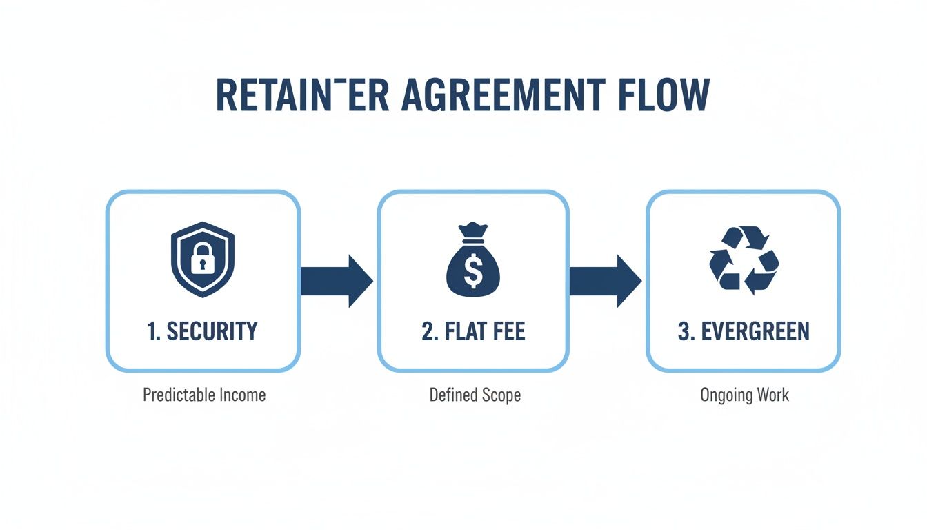Flowchart illustrating a retainer agreement process with three steps: Security, Flat Fee, and Evergreen.