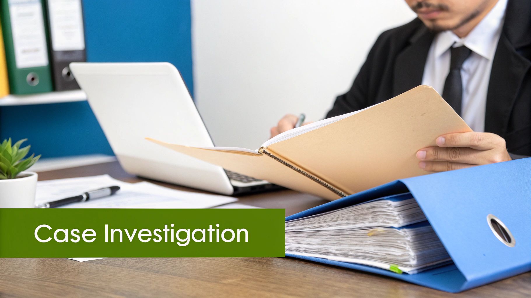 Professional attorney reviewing case investigation documents and files at organized office desk with laptop