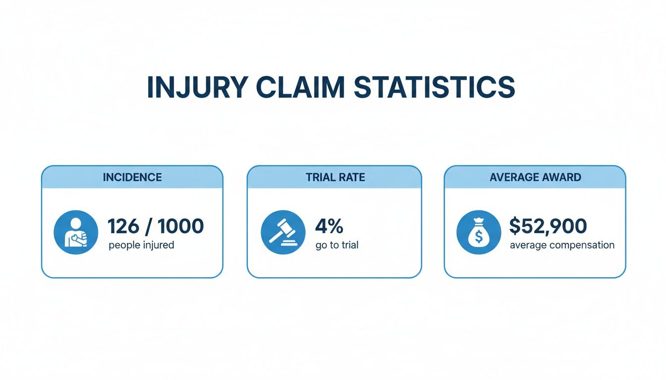 An infographic showing injury claim statistics: 126 per 1000 people injured, 4% go to trial, and the average compensation is $52,900.