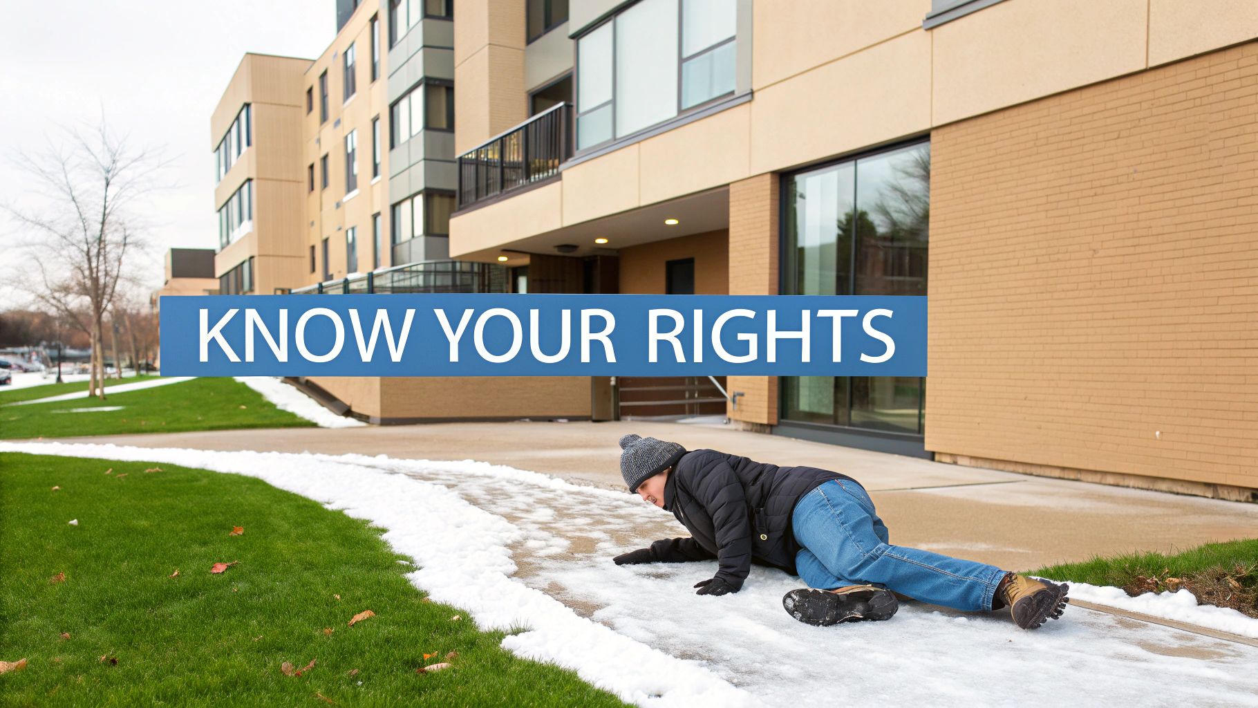 A person in winter clothes slipped and fell on an icy sidewalk outside a building. Know your rights.