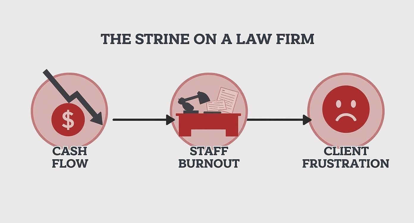 Infographic showing how a long claim timeline causes cash flow issues, staff burnout, and client frustration.