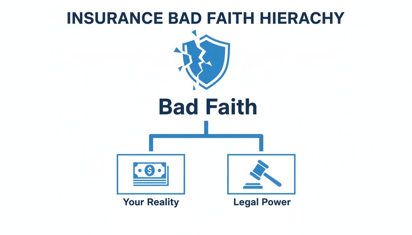 Diagram illustrating the insurance bad faith hierarchy, breaking down into personal reality and legal power.