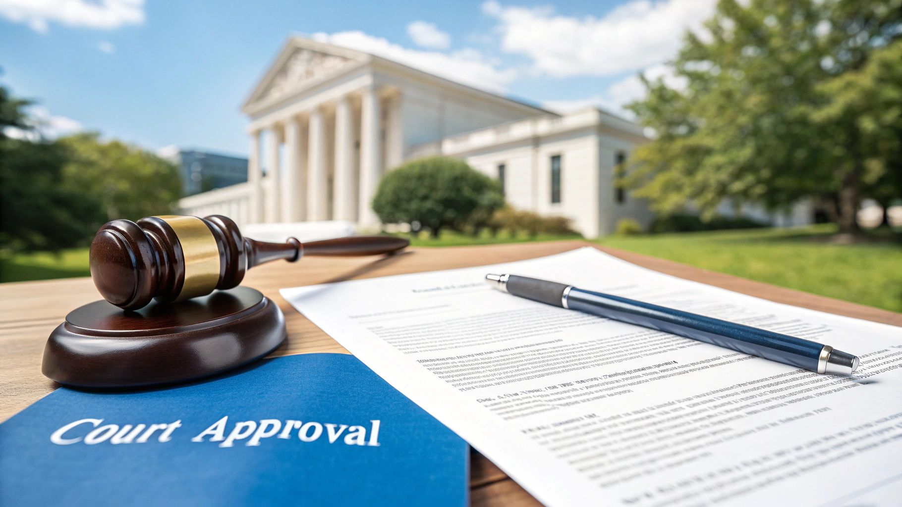 A wooden gavel and 'Court Approval' folder on a table with a courthouse in the background.