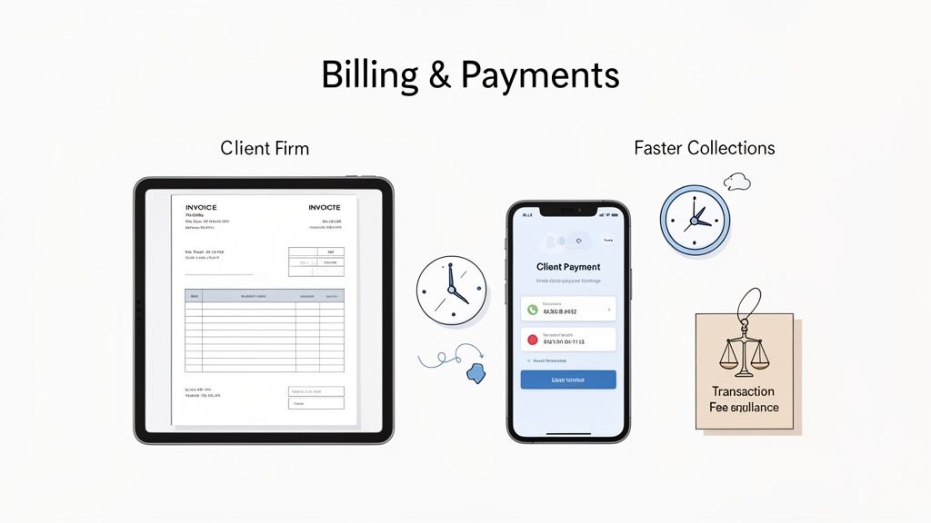 Billing and payment processes shown with an invoice on a tablet, a phone payment app, and faster collection icons.