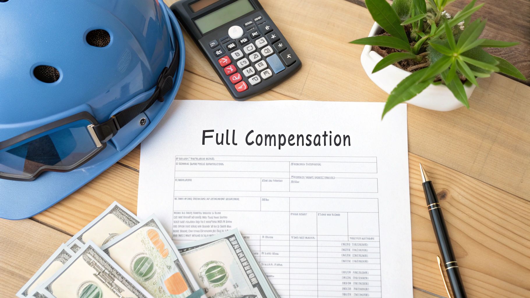 A safety helmet, calculator, cash, and 'Full Compensation' document on a wooden table.