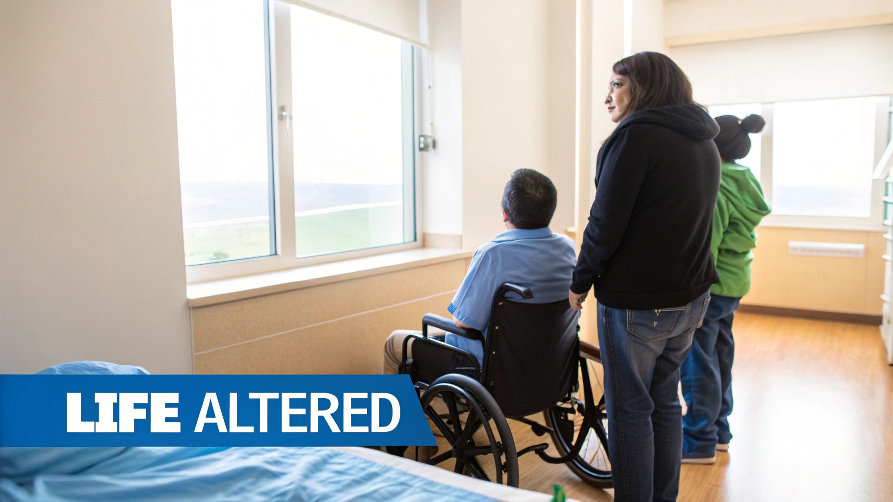 A man in a wheelchair with family looks out a hospital window, depicting a life altered.