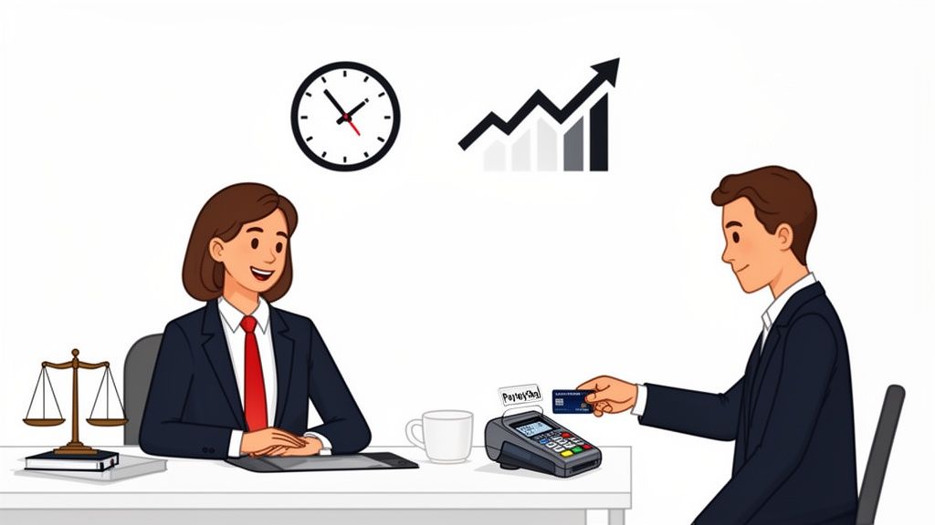 An attorney consults with a client who is making a payment with a credit card.