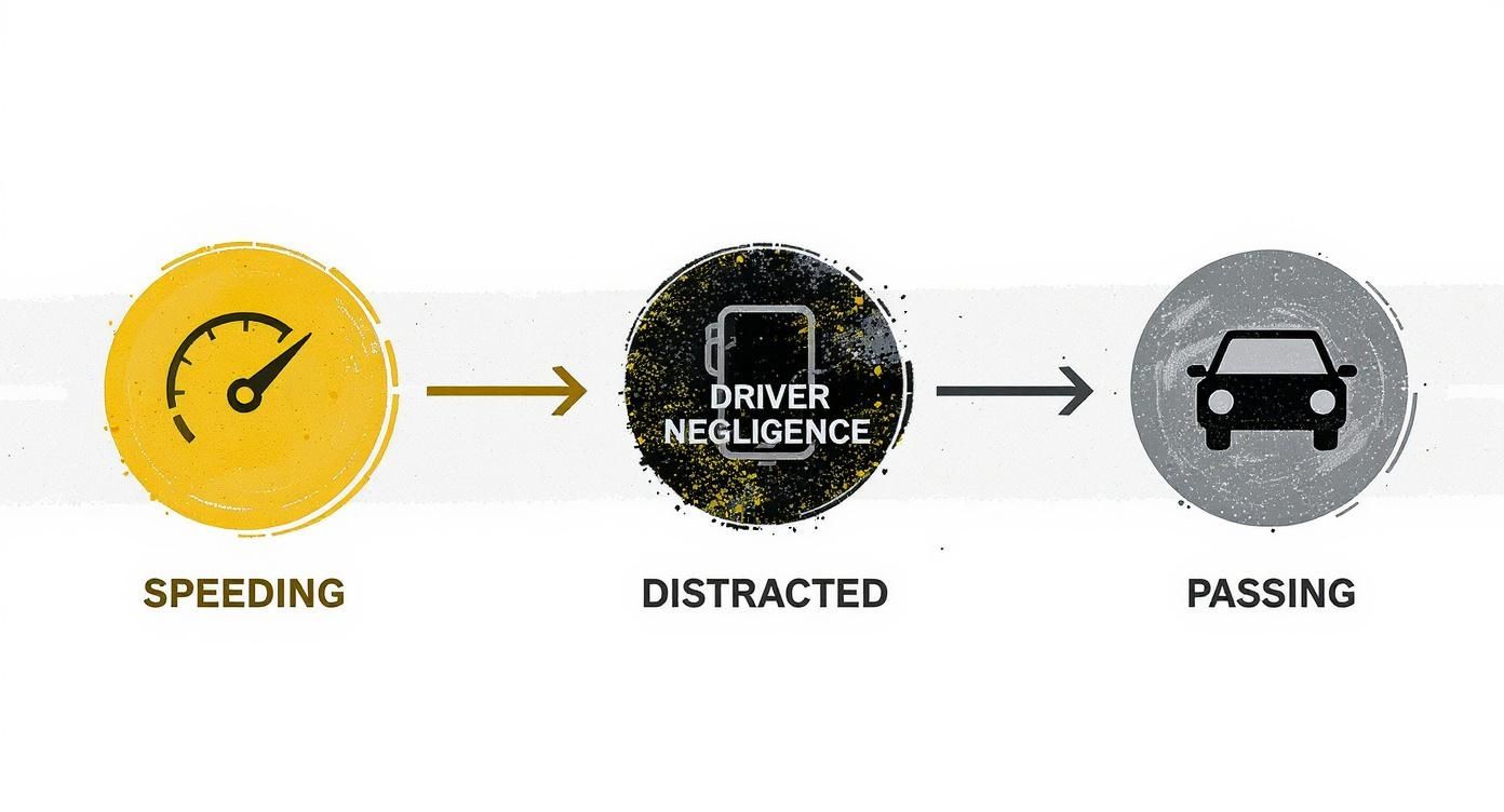 A three-step diagram illustrates dangerous driving behaviors: speeding, distracted driving (driver negligence), and passing.