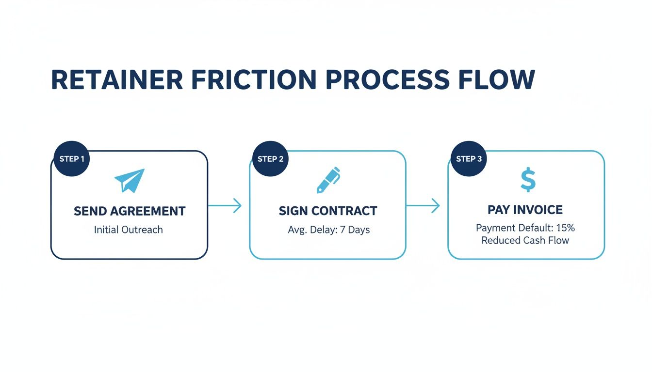 A retainer friction process flow diagram illustrating steps for agreement, contract signing, and invoice payment.