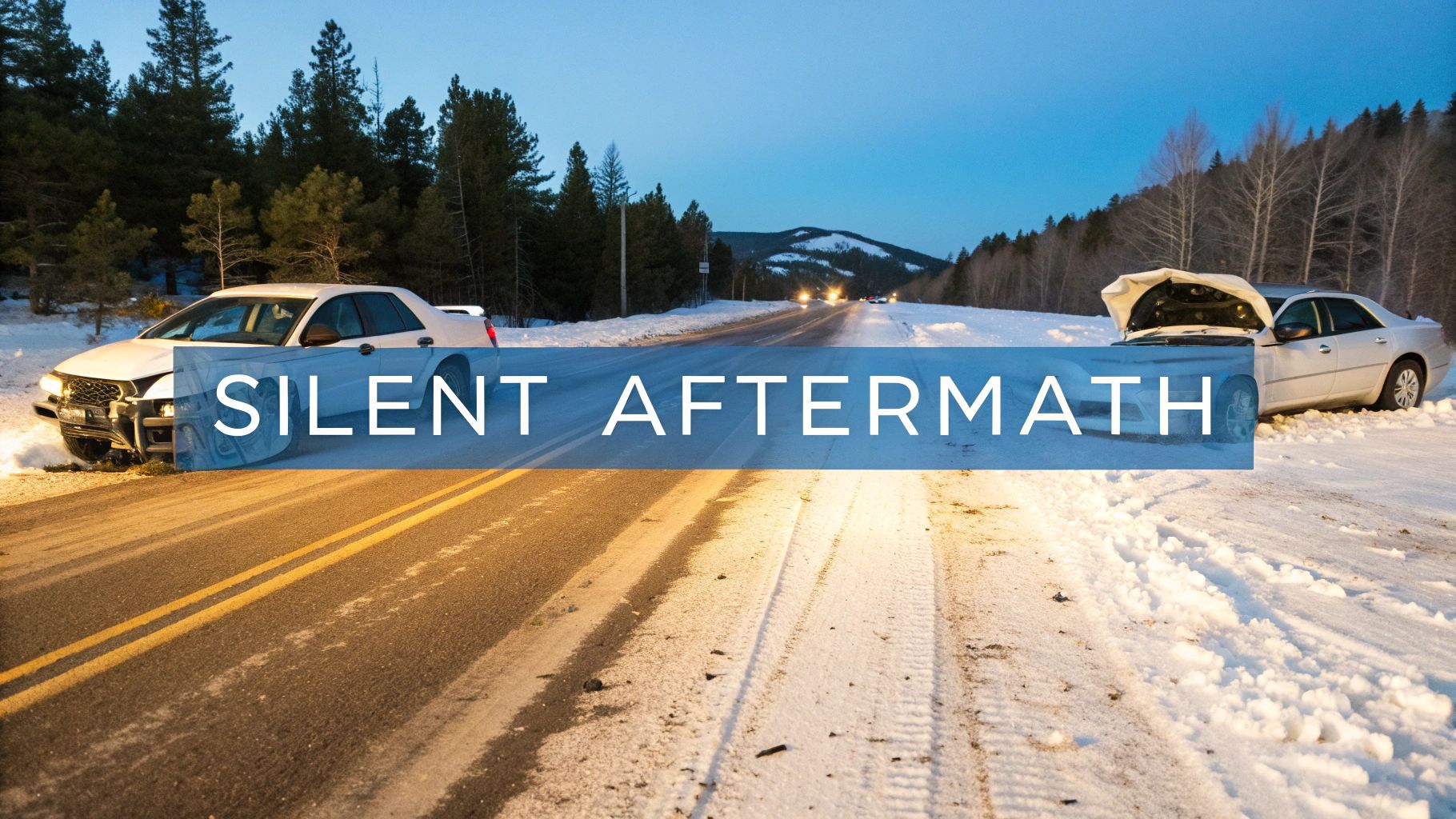 Two damaged white cars after a collision on a snowy mountain road in winter at dusk, showing the silent aftermath.