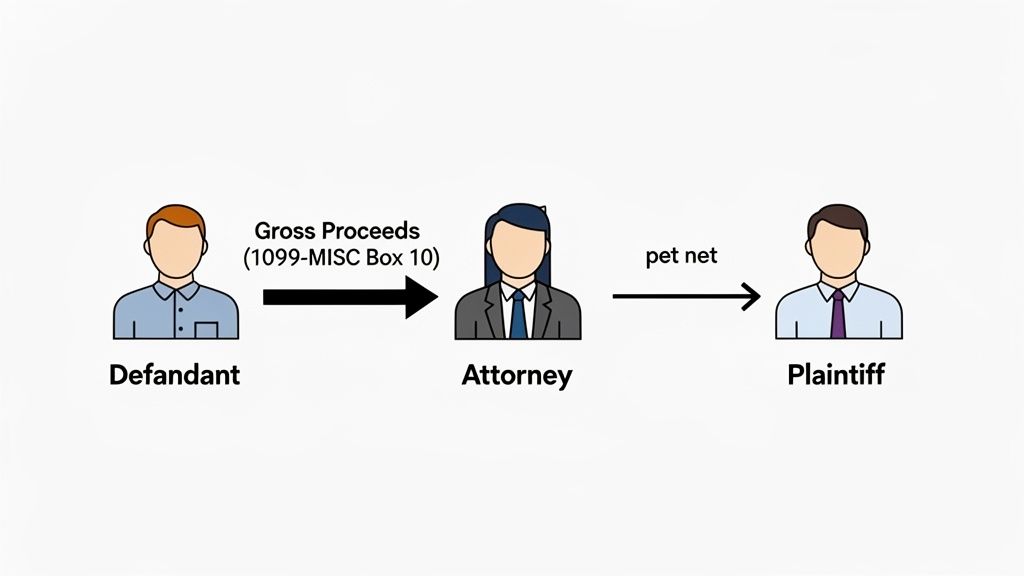 Diagram showing defendant paying gross proceeds (1099-MISC Box 10) to attorney, who then pays net to plaintiff.