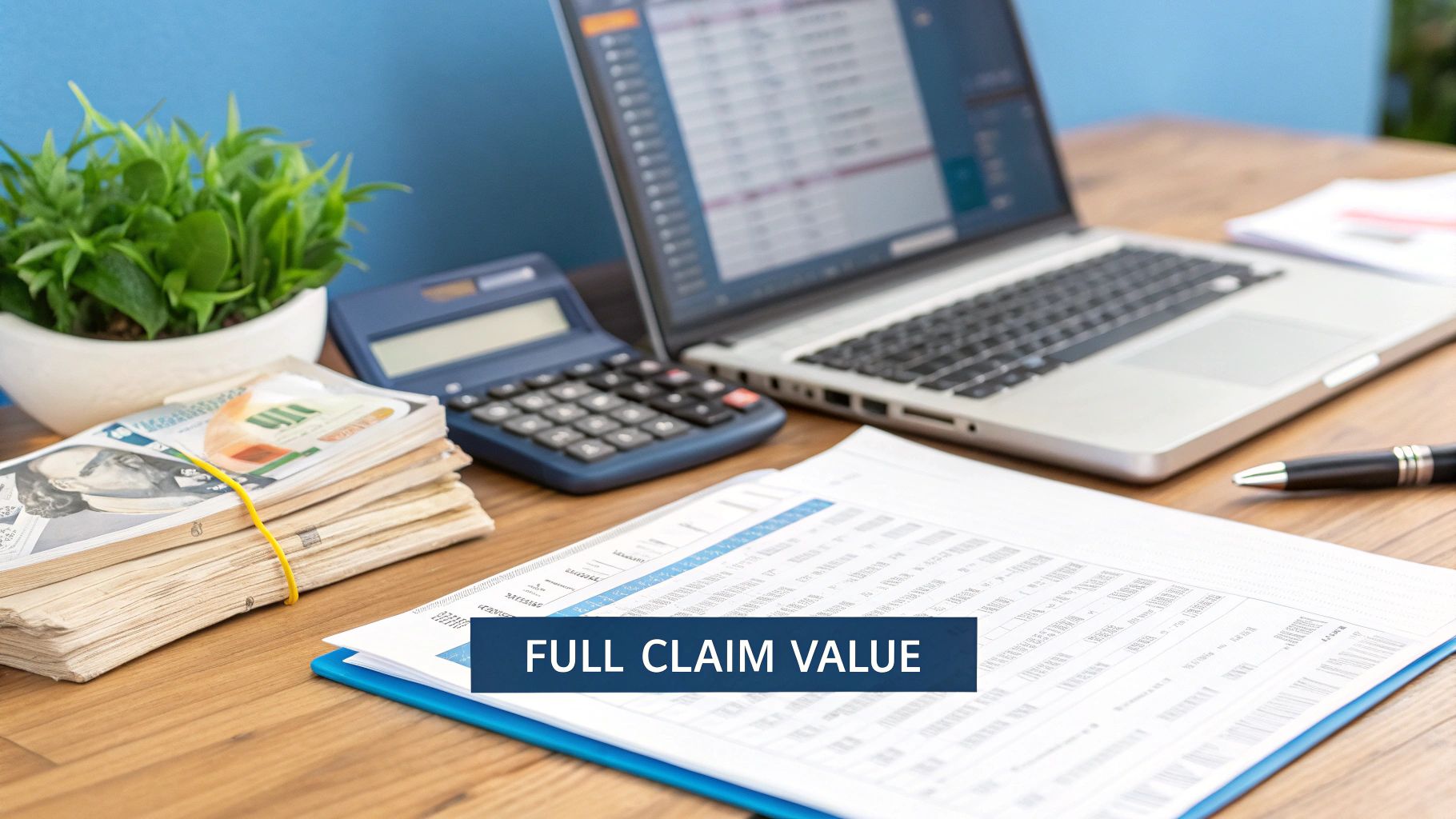 Desk with a stack of cash, calculator, laptop, and documents displaying 'FULL CLAIM VALUE'.