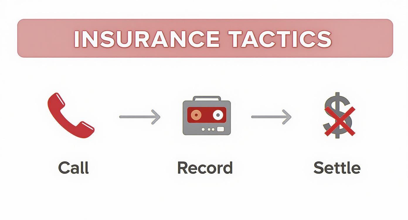 An infographic showing insurance tactics: call, record, and reduce claim settlement.