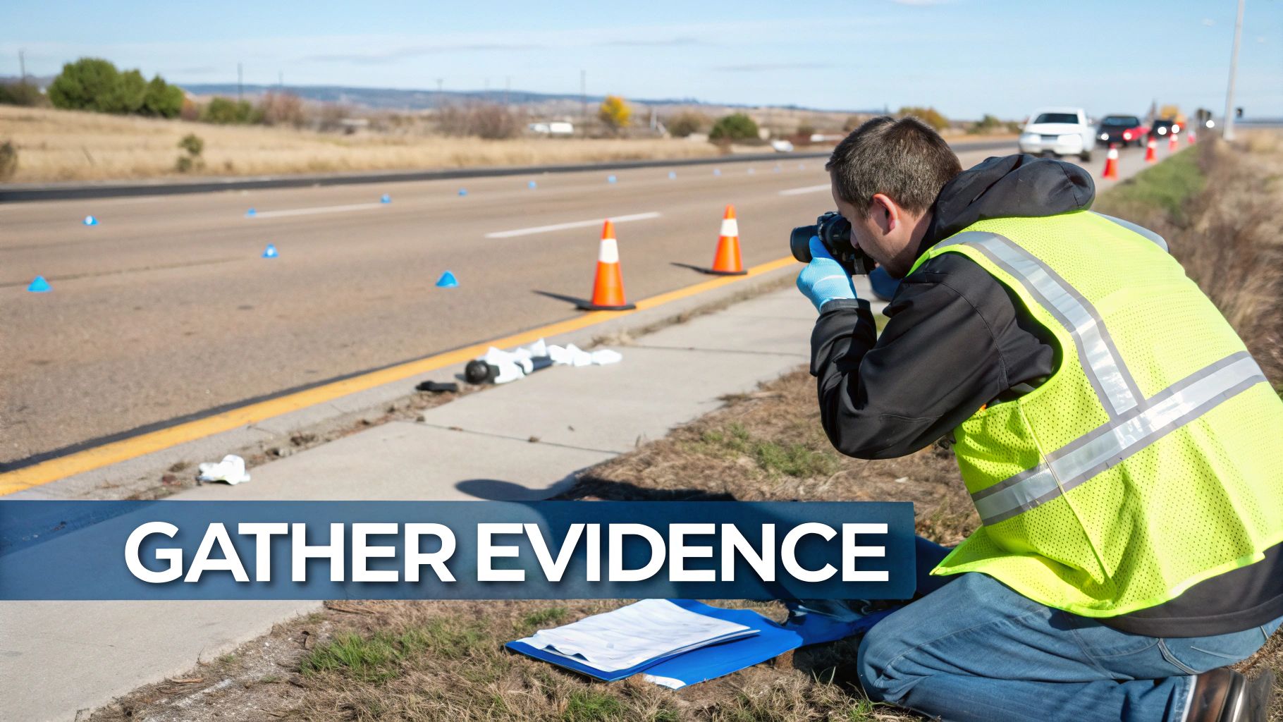 A man in a safety vest and blue gloves photographs an accident scene on a highway, marked with cones and evidence markers.