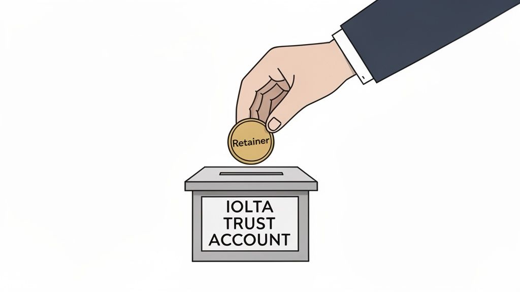 A hand drops a gold coin labeled 'Retainer' into an IOLTA Trust Account box.