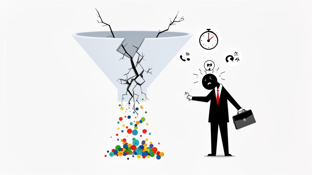 Stressed businessman observes a cracked marketing funnel losing leads and data.