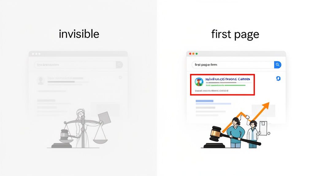 Illustration comparing an invisible legal firm in search results with a visible, first-page firm experiencing growth.