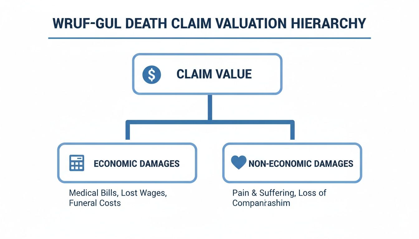 A hierarchy chart showing WRUF-GUL death claim valuation, categorizing economic and non-economic damages.