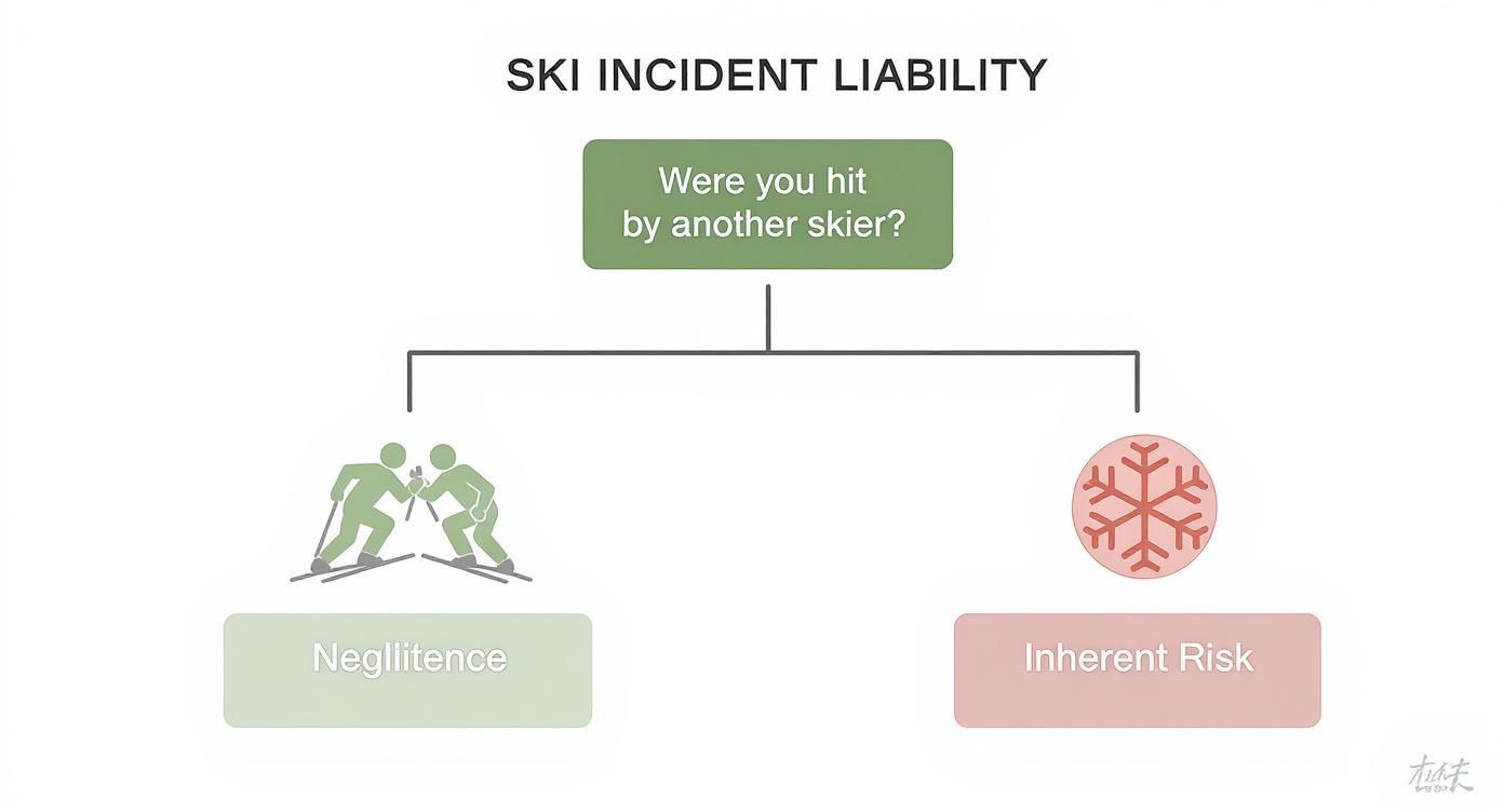 Flowchart explaining ski incident liability: negligence if hit by another skier, inherent risk otherwise.