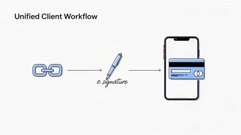 Diagram illustrating a unified client workflow: secure link, e-signature, and mobile credit card payment.