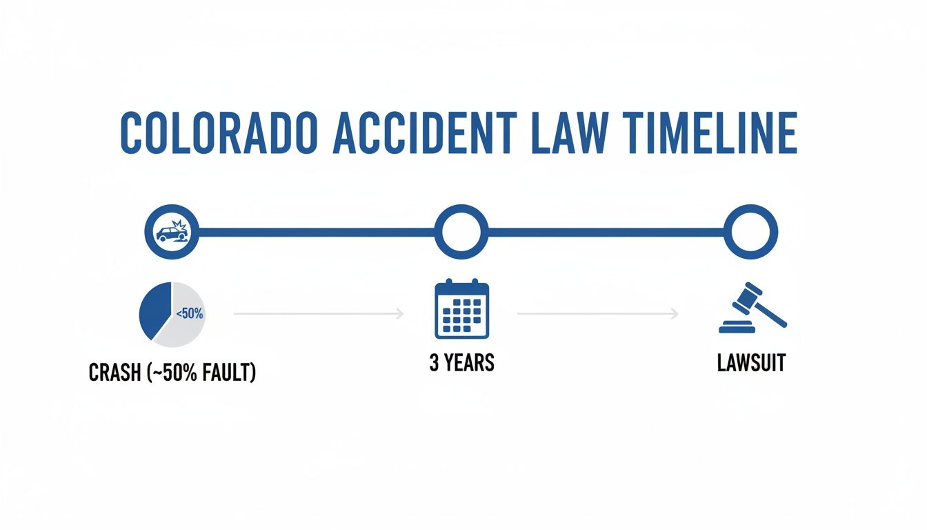 A timeline illustrating Colorado accident law, from crash with less than 50% fault, through three years, to a lawsuit.