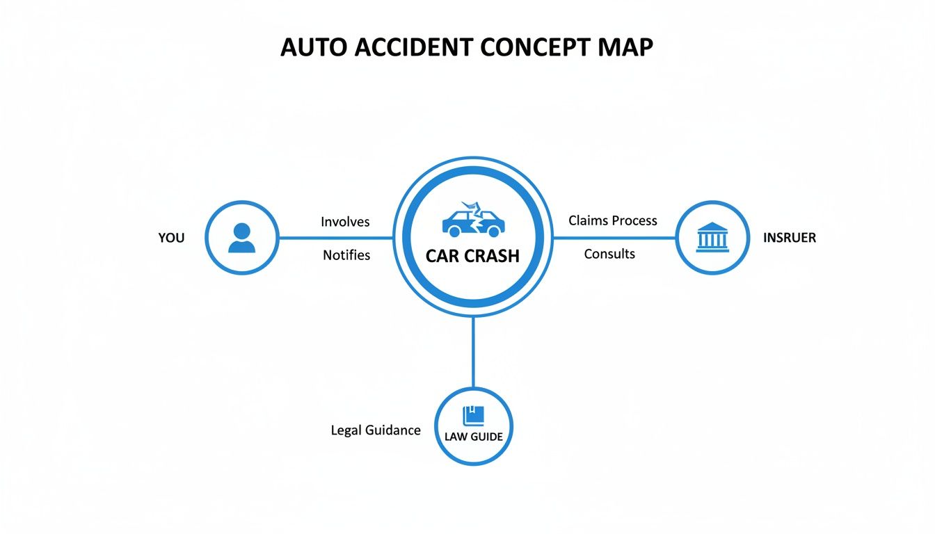 A concept map illustrating the process and parties involved in an auto accident, including the driver, insurer, and legal guidance.