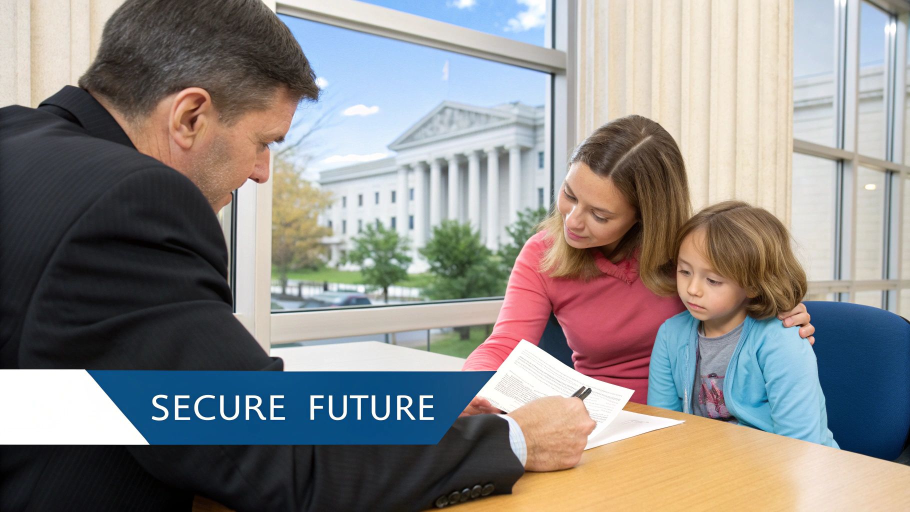 A family meeting with an advisor to discuss important documents and a secure future.